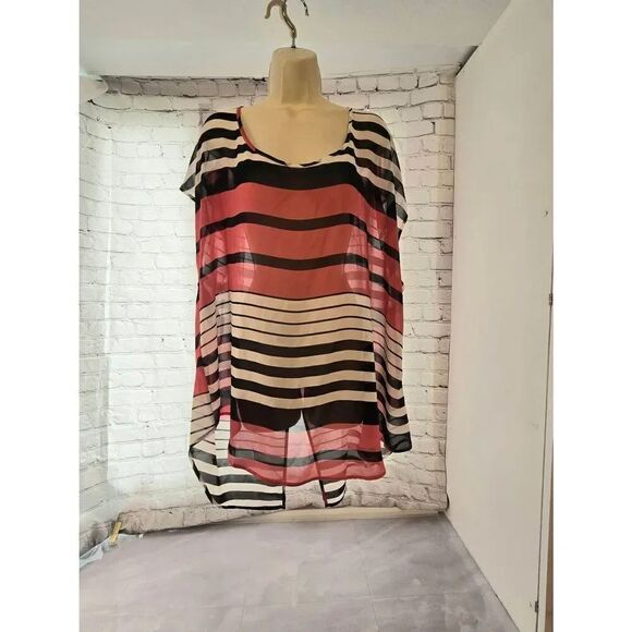 torrid Tops - Torrid Womens Size 3 (22-24) Pink/White/Black Striped Sheer Open Back Hi-Low Blo